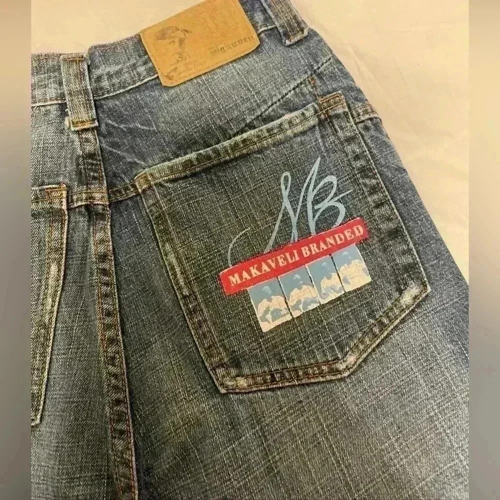 VTG MAKAVELI Brand Tupac Denim Jeans Rap Portrait Logo 90s 2Pac Size 14 wide leg - Picture 12 of 16